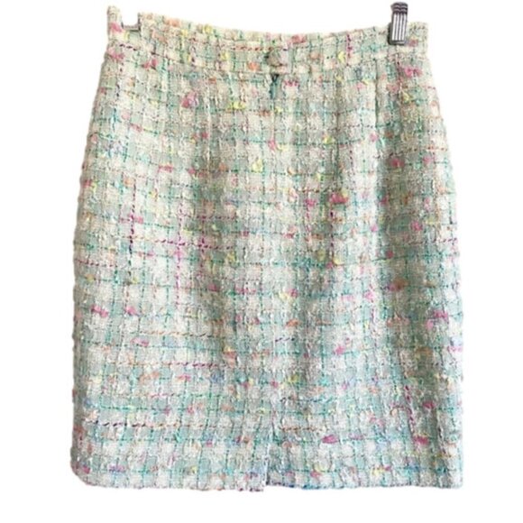 Vintage 90s Emmanuelle Khanh Paris Green Confetti Bouclé Wool Skirt - Small - Picture 8 of 11